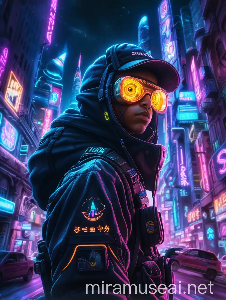 Futuristic Urban Explorer with Glowing Eyes in Neon City