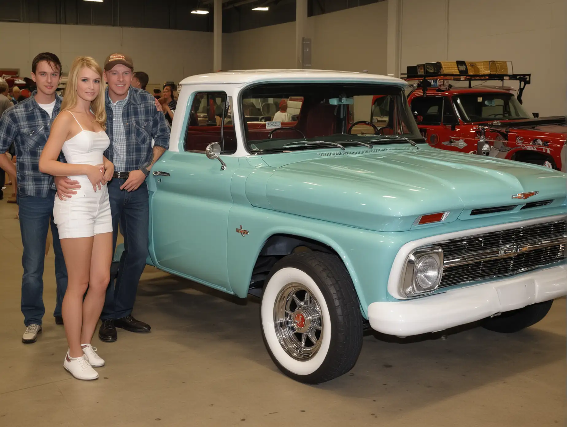 indoor collectors car  show 1964 chevrolet c10 pickup ,28 year old couple standing by truck