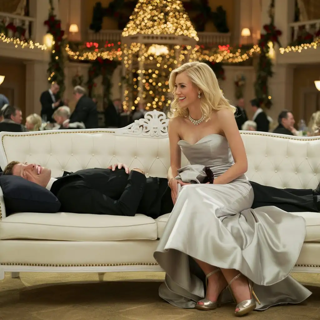 A ballroom and Christmas party. In the middle is a sofa
A hysterically laughing caucasion man is lying longways on his back on a sofa . A beautiful smiling blonde woman is sitting beside him on the sofa. she is looking down into his eyes and smiling. she is touching the side of his chest with one of her  fingers. she is wearing  a long silver strapless satin dress , with a long   silver satin maxi circle skirt and heels. 
