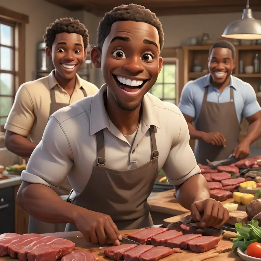 Happy African American Men Cooking Meat in Cartoon Style