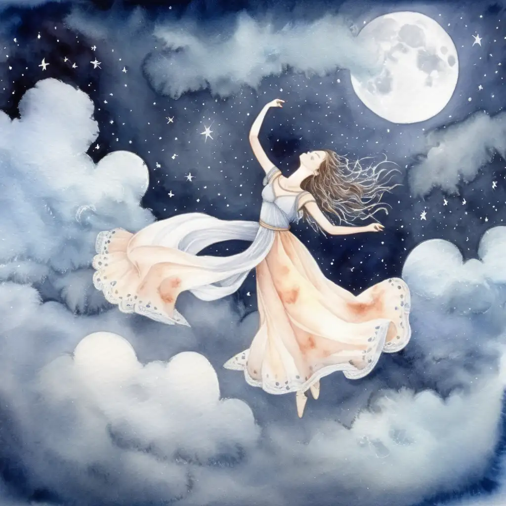 Dansar i månens sken bland molnen , med vattenfärg 