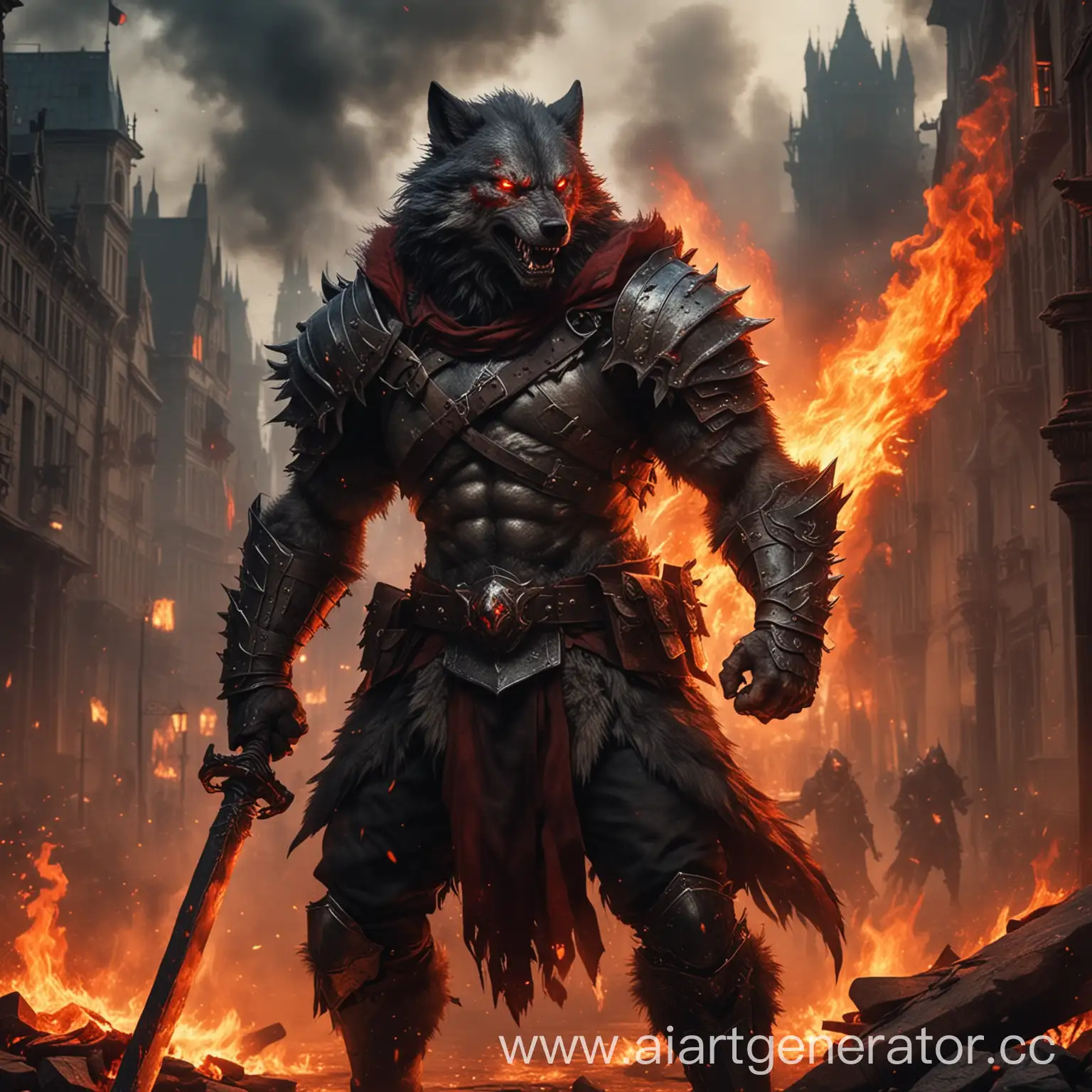 Fiery-Werewolf-Warrior-in-Burning-City-Square