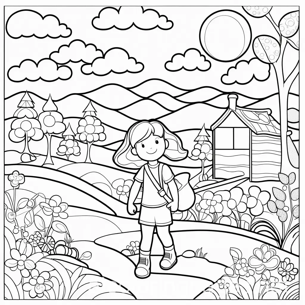 kids being Be happy go lucky: coloring pages, Coloring Page, black and white, line art, white background, Simplicity, Ample White Space. The background of the coloring page is plain white to make it easy for young children to color within the lines. The outlines of all the subjects are easy to distinguish, making it simple for kids to color without too much difficulty