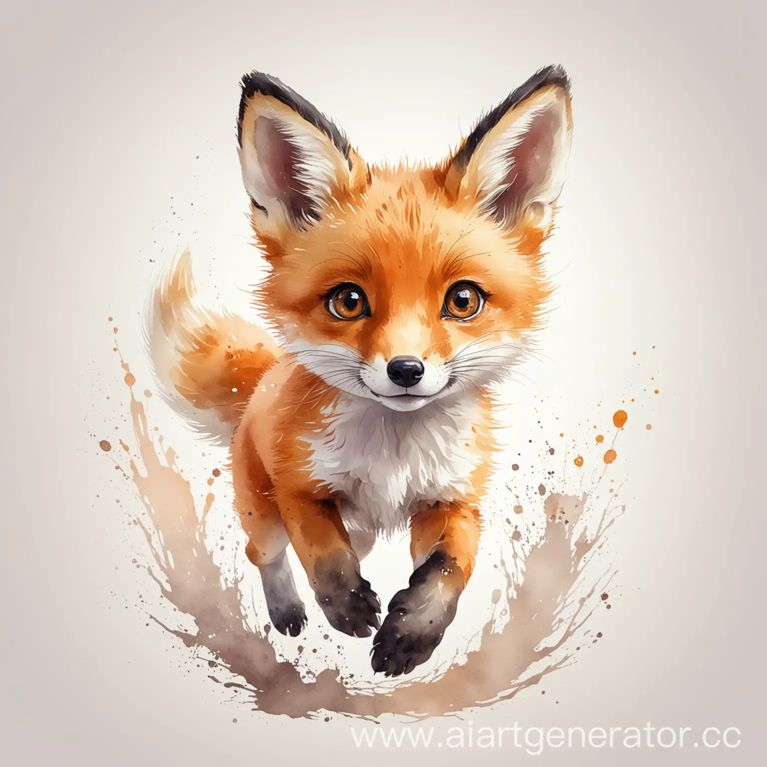 cartoonish little very cute baby face fox jumps with big eyes jumps in 45 degrees light watercolor white background mono color aquarel style effects