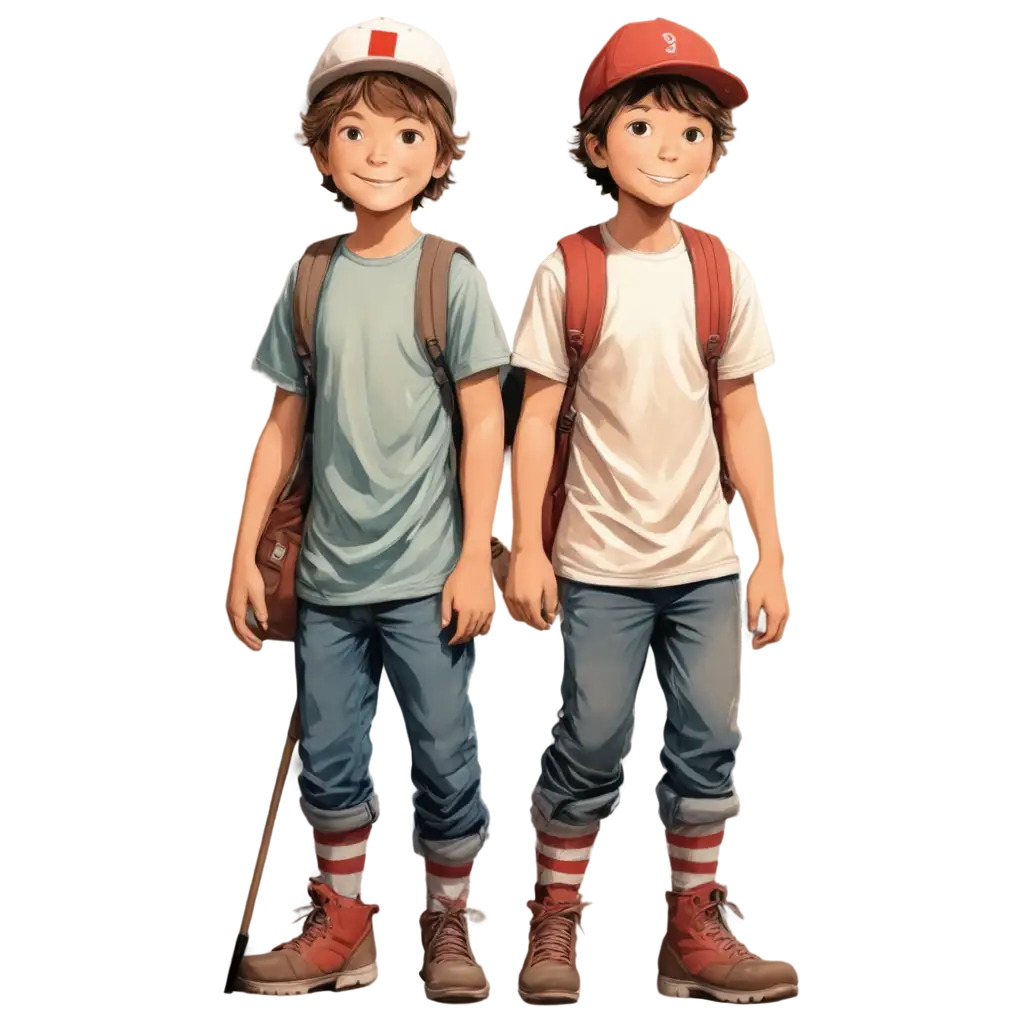   muted 2d drawing of two young adventures boys with baseball caps on. One of them has a fuller body than the other. the setting is Norway