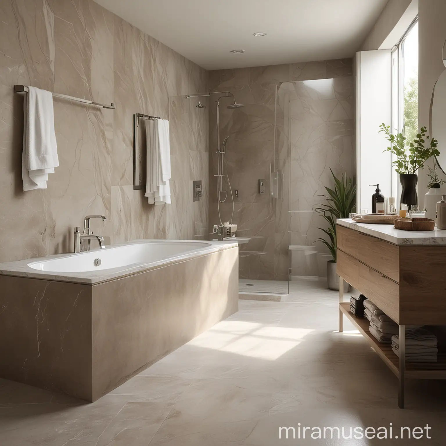 Luxurious SpaInspired Bathroom Interior with Freestanding Marble Bathtub