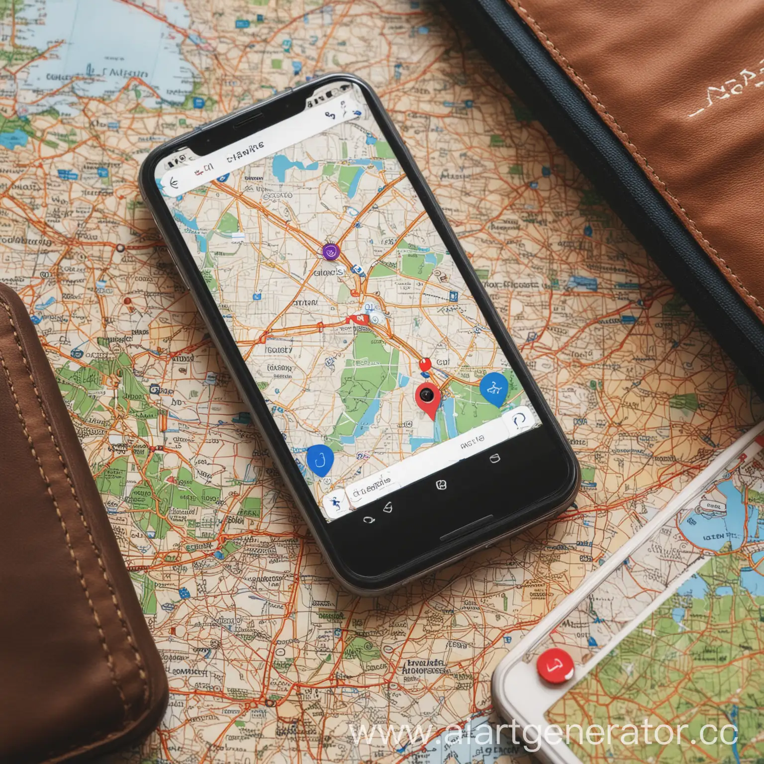 Смартфон на которой открыта карта, а рядом с телефоном лежат предметы связанные с путешествием