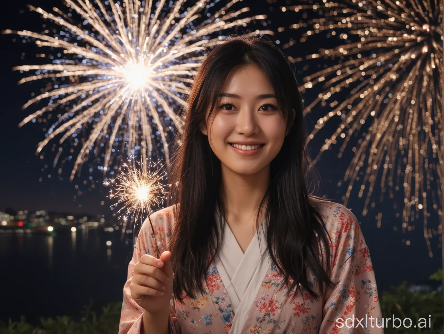 beautiful intellectual typical Japanese 33-year-old girl stands at night with firework blooming, smiling but with some tears, Instagram model, long black hair, warm, black eyes, height 6.5 feets, female, masterpiece, 4k, correct fingers or hands4K, realistic, masterpiece