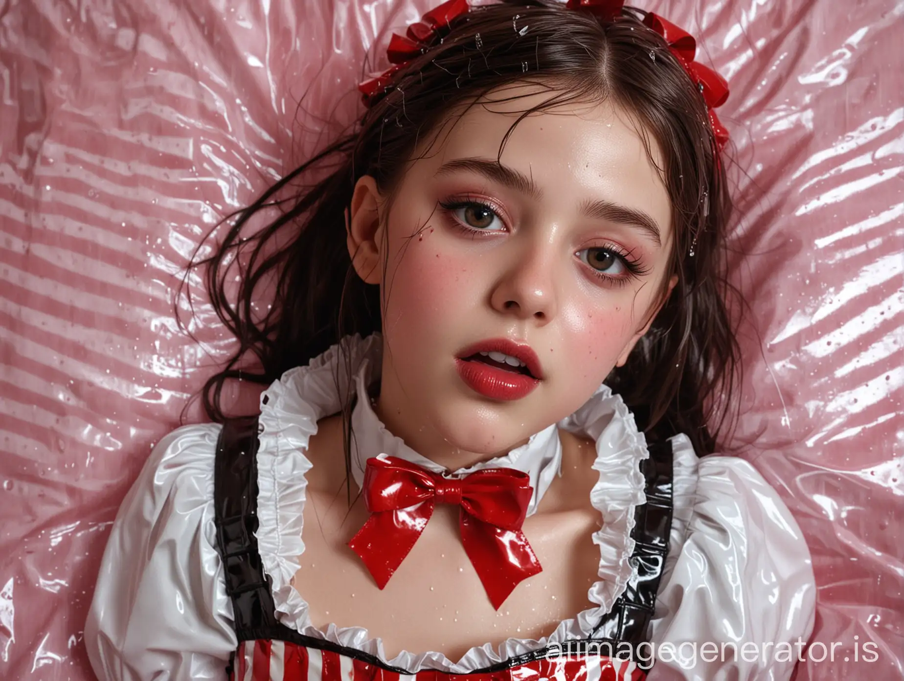 hyperrealistic image in the highest quality. full body photo of a 10 year old french girl. extremely skinny. extremely white skin. big darkbrown eyes. mouth wide open. lips extremely shiny by a lot of the shiniest red lipgloss. the girl is lying on satin sheets under heavy rain. mouth (inside and outside), face, hair, and cloth are totally wet by the rain. she is wearing an extremely shiny latex sweet lolita outfit. collared and ffully closed up. it is vertically striped in red and black. shiny latex ribbon over the collar, big shiny latex lolita ribbon in the hair. over the dress she wears a shiny latex pinafore. no jewellery. no elements made of stones or metal.