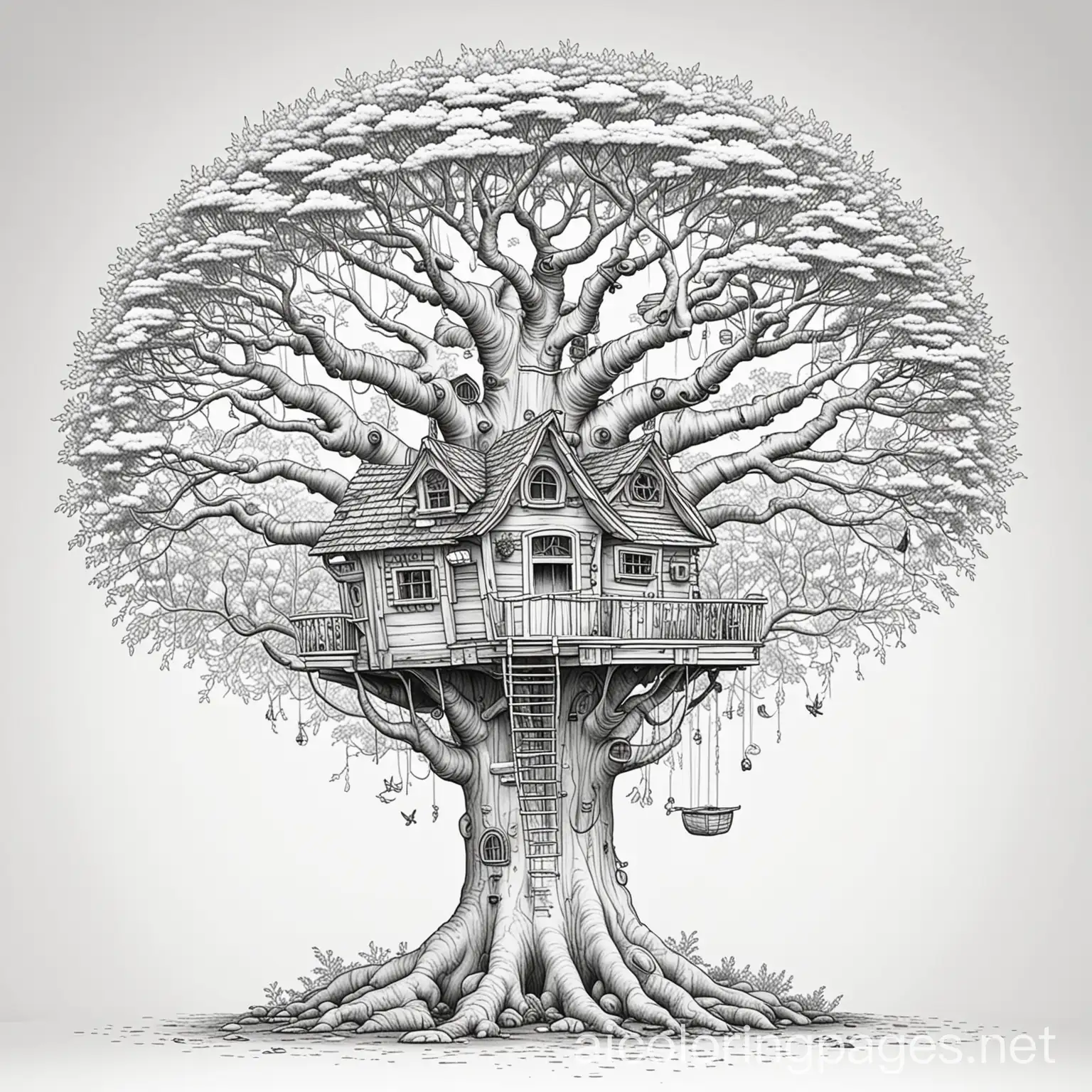 A treehouse village built on the branches of a rainbow tree, Coloring Page, black and white, line art, white background, Simplicity, Ample White Space. The background of the coloring page is plain white to make it easy for young children to color within the lines. The outlines of all the subjects are easy to distinguish, making it simple for kids to color without too much difficulty
