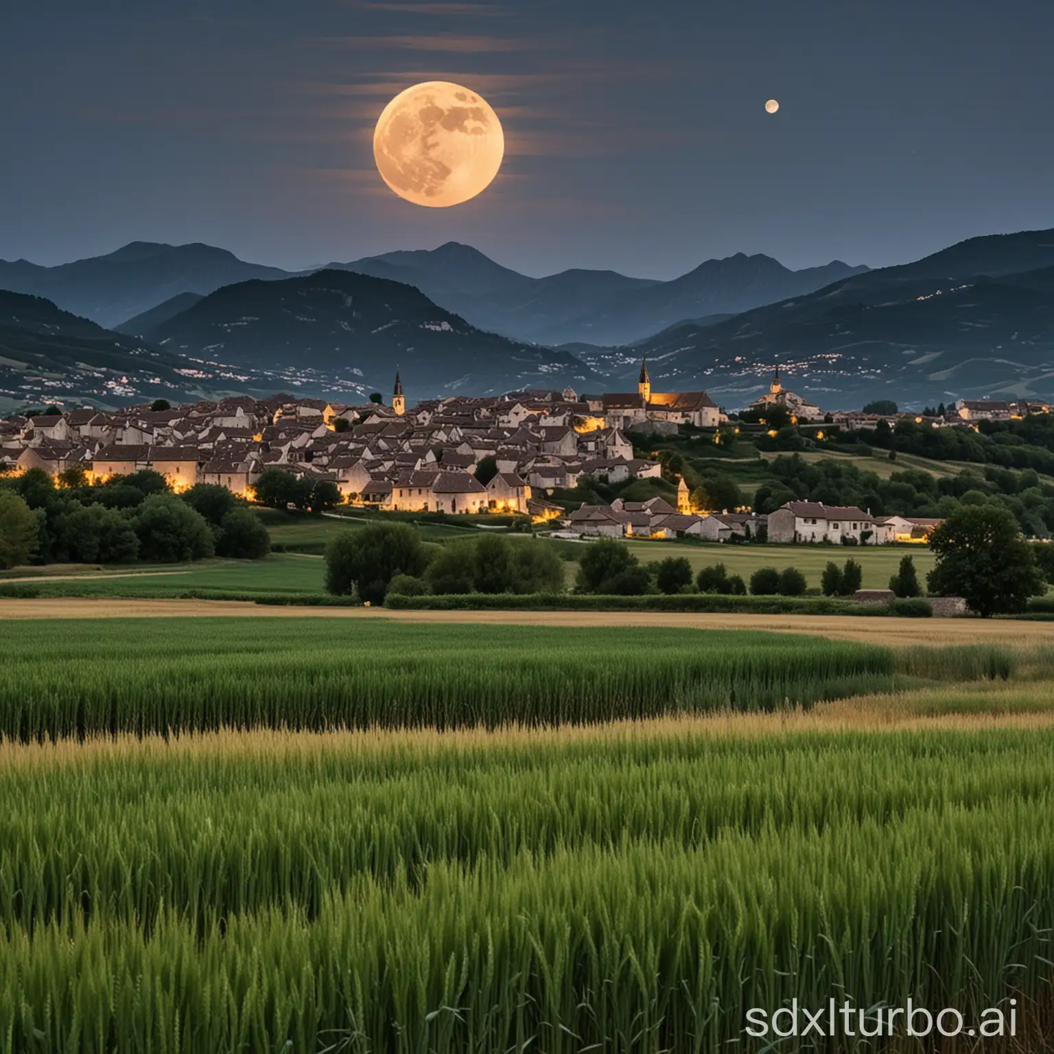 A landscape widely open, with mountains in the background, the full moon stands in the middle over lush wheat fields in the background an old French village