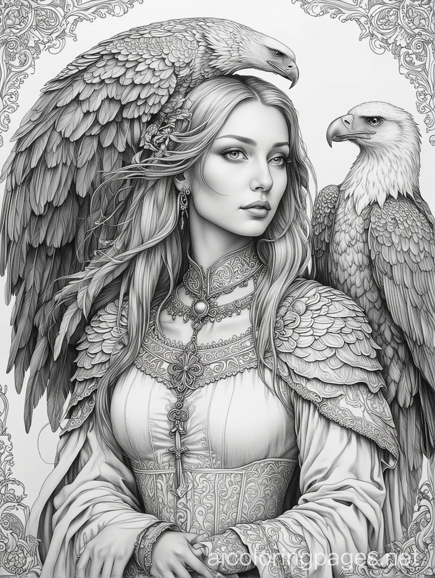 eagle and gothic lady adult colouring book , Coloring Page, black and white, line art, white background, Simplicity, Ample White Space. The background of the coloring page is plain white to make it easy for young children to color within the lines. The outlines of all the subjects are easy to distinguish, making it simple for kids to color without too much difficulty