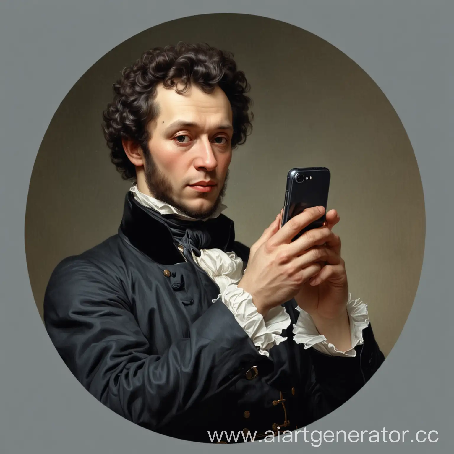 создай мне картинку, в которой Александр Сергеевич Пушкин держит смартфон в руках, цветное фото пнг, в стиле стикеров телеграмм