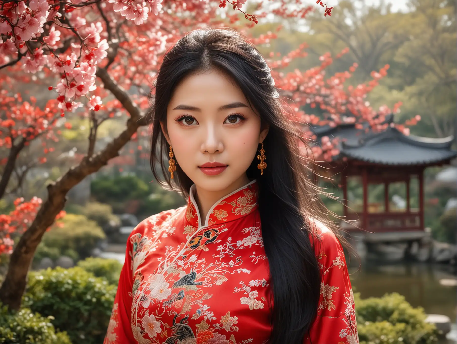 A beautiful Asian woman, long black hair flowing in the wind, smooth and delicate skin, refined features, bright big eyes with double eyelids, a straight nose, red and moist lips curved into a gentle smile. She is wearing a traditional silk cheongsam with intricate embroidery, the dress adorned with elaborate floral and dragon-phoenix patterns, vibrant colors. The serene garden setting has cherry blossoms in full bloom, petals gently swaying in the breeze, with flowing water, artificial hills and pavilions creating a peaceful and beautiful environment, filled with Eastern charm.