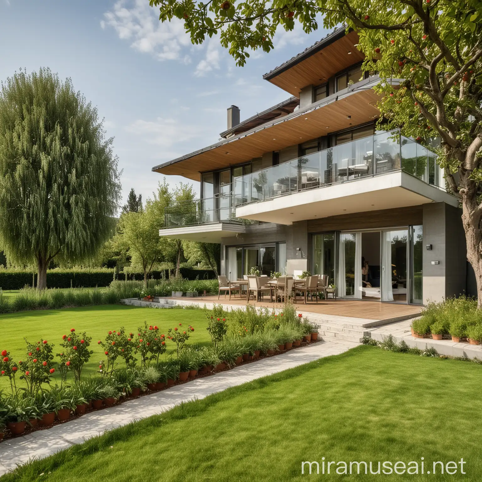 Modern TwoStory House with Wide Balcony and Orchard View