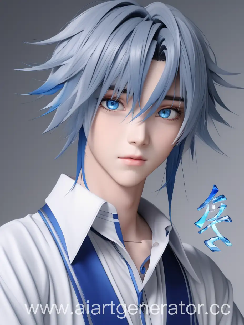 huo yuhao, a beautiful guy with dark blue hair, blue eyes, portrait, grey outfit, white classic shirt, magician, charmer, god of emotions, realistic anime art, 3d anime art, portrait, male, ice