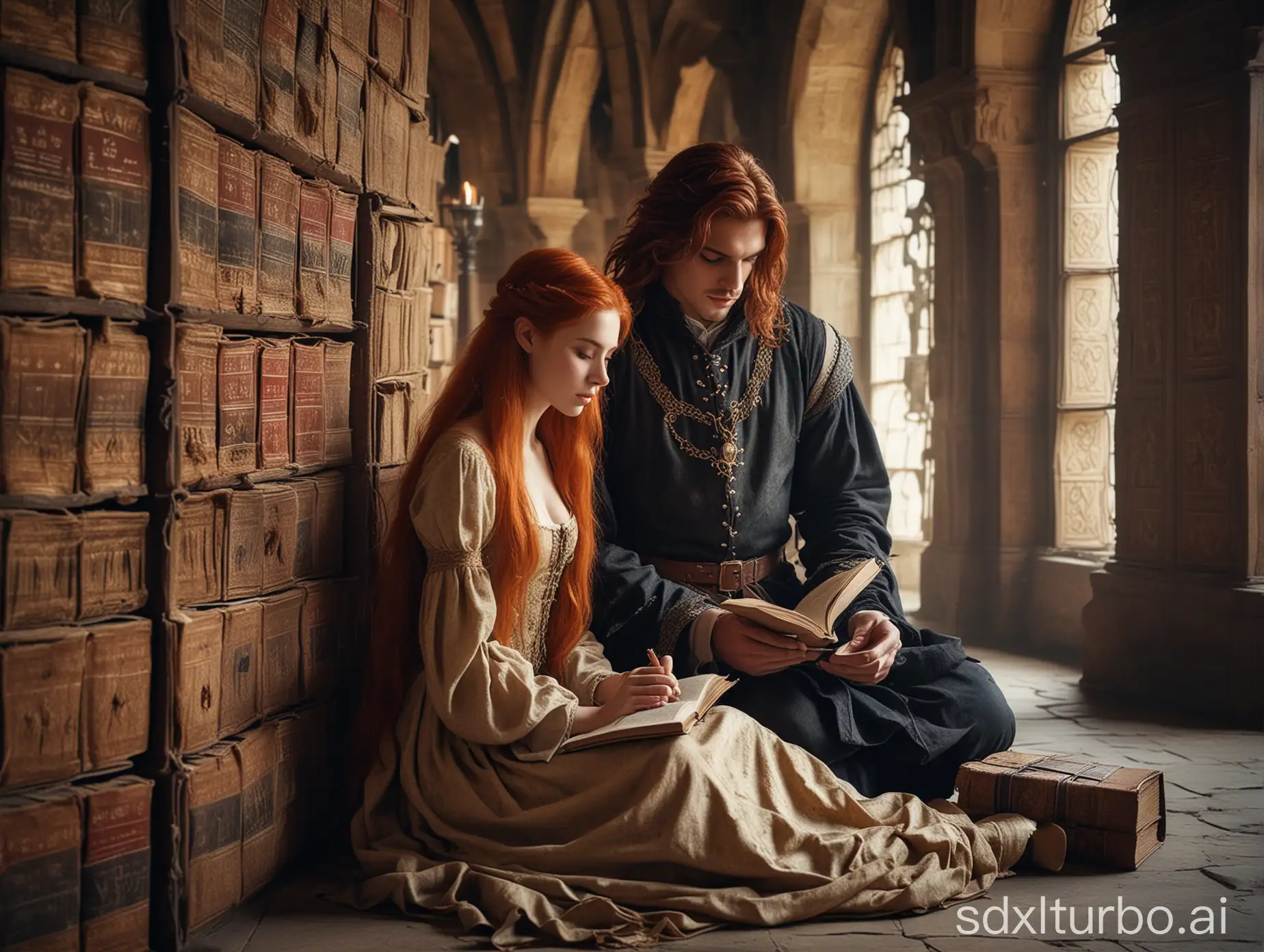A beautiful girl with long red hair in a <((((medieval))))>dress and a handsome guy with dark hair in <(((( medieval ))))> nice clothes, sit, engrossed in reading an old ancient folio, in an ancient library amidst many ancient books>