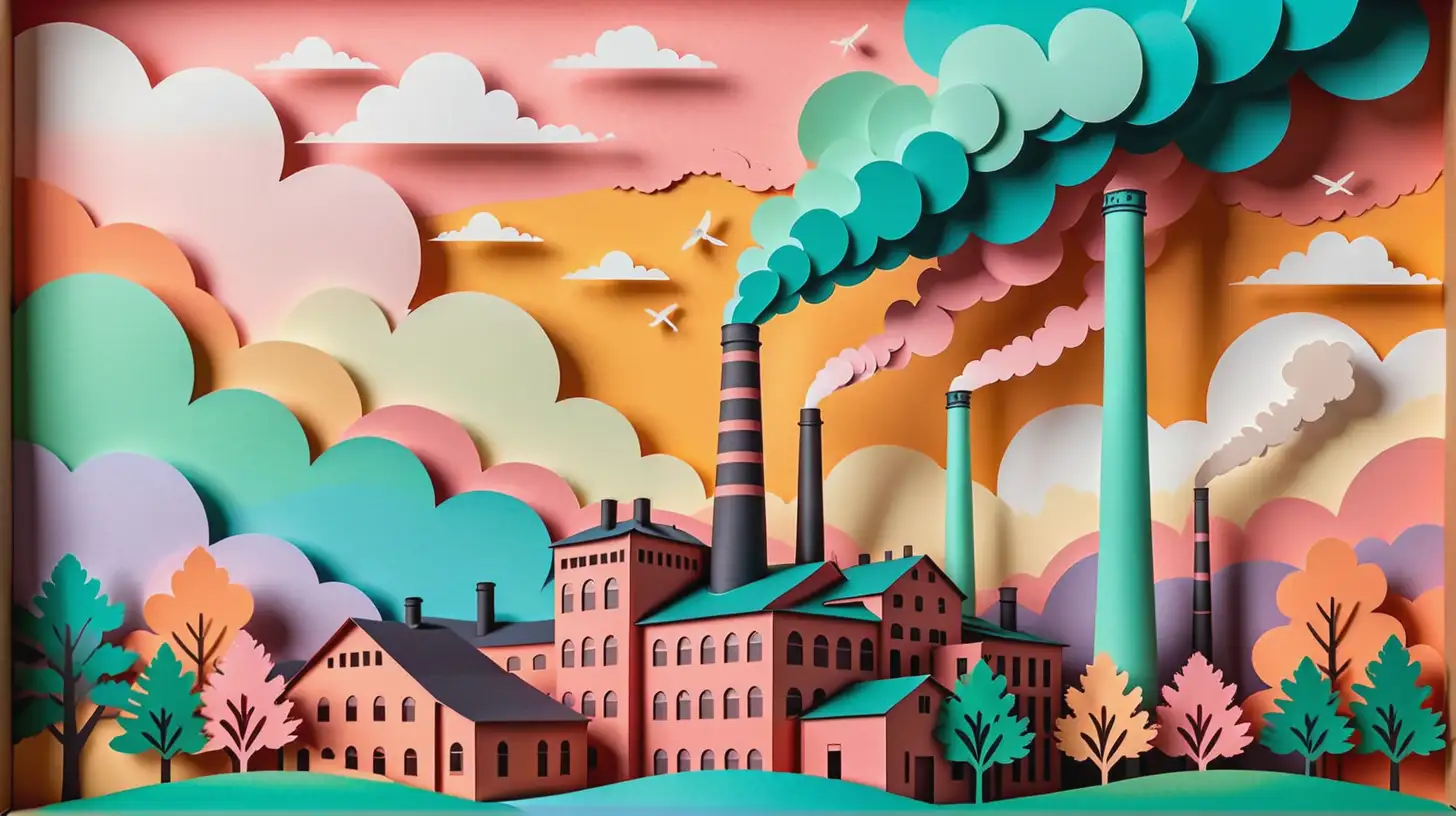 Soviet Factory Paper Cut Illustration Detailed Layered Pastel Scene