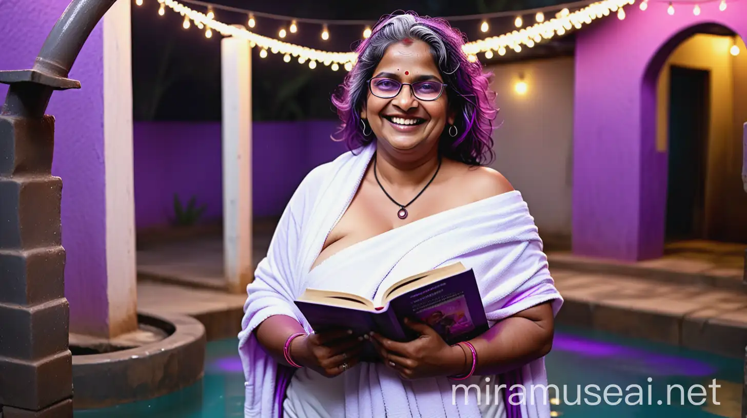 Mature Indian Woman in Purple Towel Holding Books by Water Well at Evening