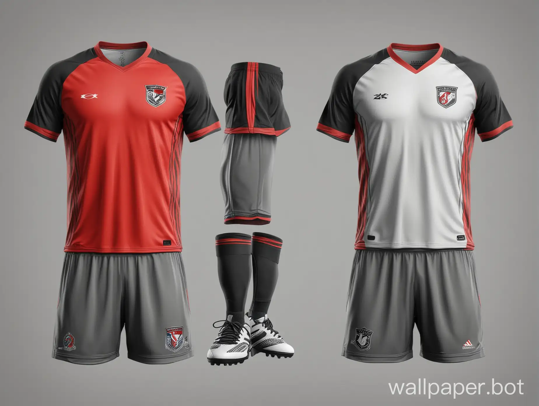 concept of soccer uniform, red-gray-black color, symmetrical pattern on white background sketch concept form