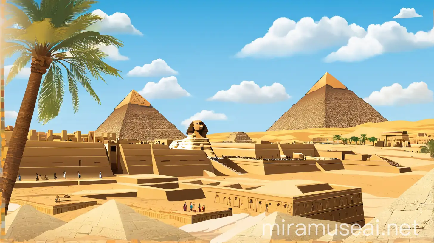 Mixed style of flat vector art, cinematic, cartoon art and travel poster: recreation of ancient city of Giza with recreation of the great pyramids in original state and recreation of one sphinx in original state and recreation of the Temple of Khufu in original state and ancient Egyptian people and blue sky.