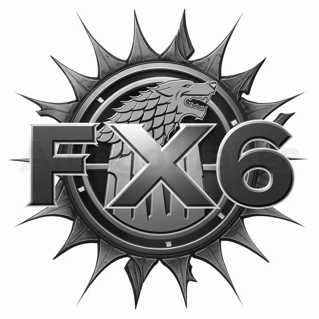 a logo design,with the text "FX6", main symbol:I want a family shield like in game of thrones, this has a legendary wolf and BRANDED WITH 6 CLAWS,complex,be used in Entertainment industry,clear background
