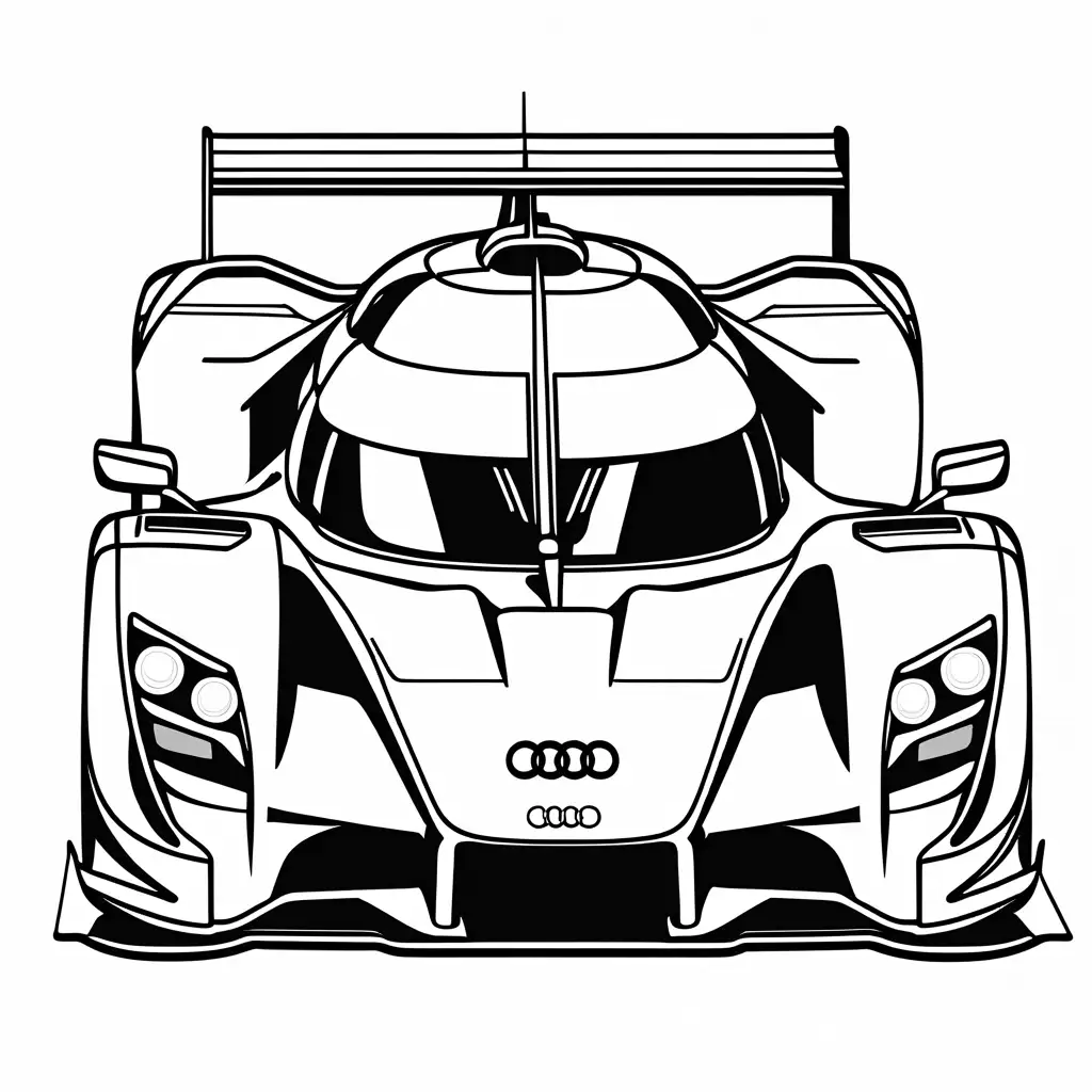 Audi R18 e-tron coloring page, Coloring Page, black and white, line art, white background, Simplicity, Ample White Space