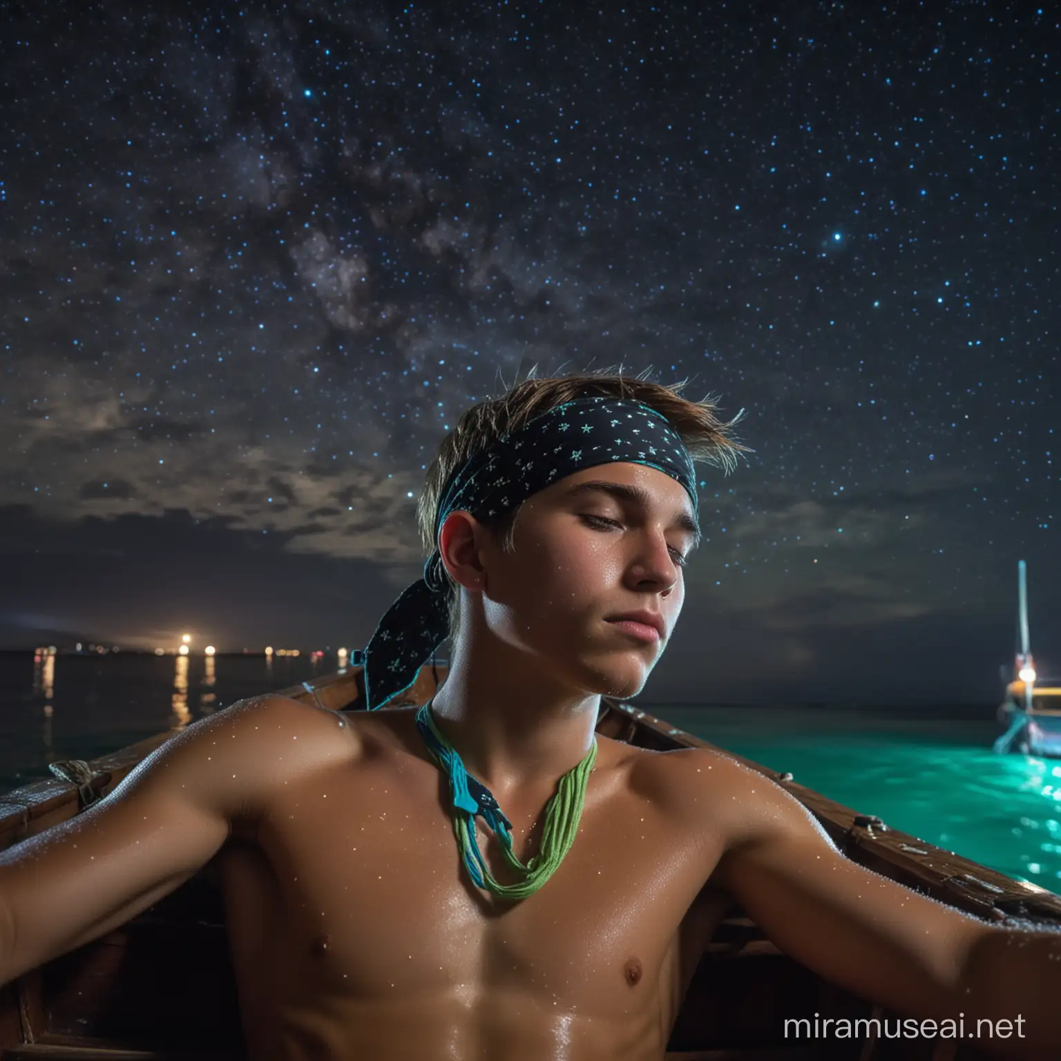 A sexy young shirtless muscular sweaty wet teen pirate boy sleeping. The boy must be a teenager very athletic and muscled. The boy wears a bandana. On a pirate boat on the water of a heavenly island. At night. With blue and green neon colors ambient. The sky is full of stars with a huge galaxy. The boy's body must be seen fully.