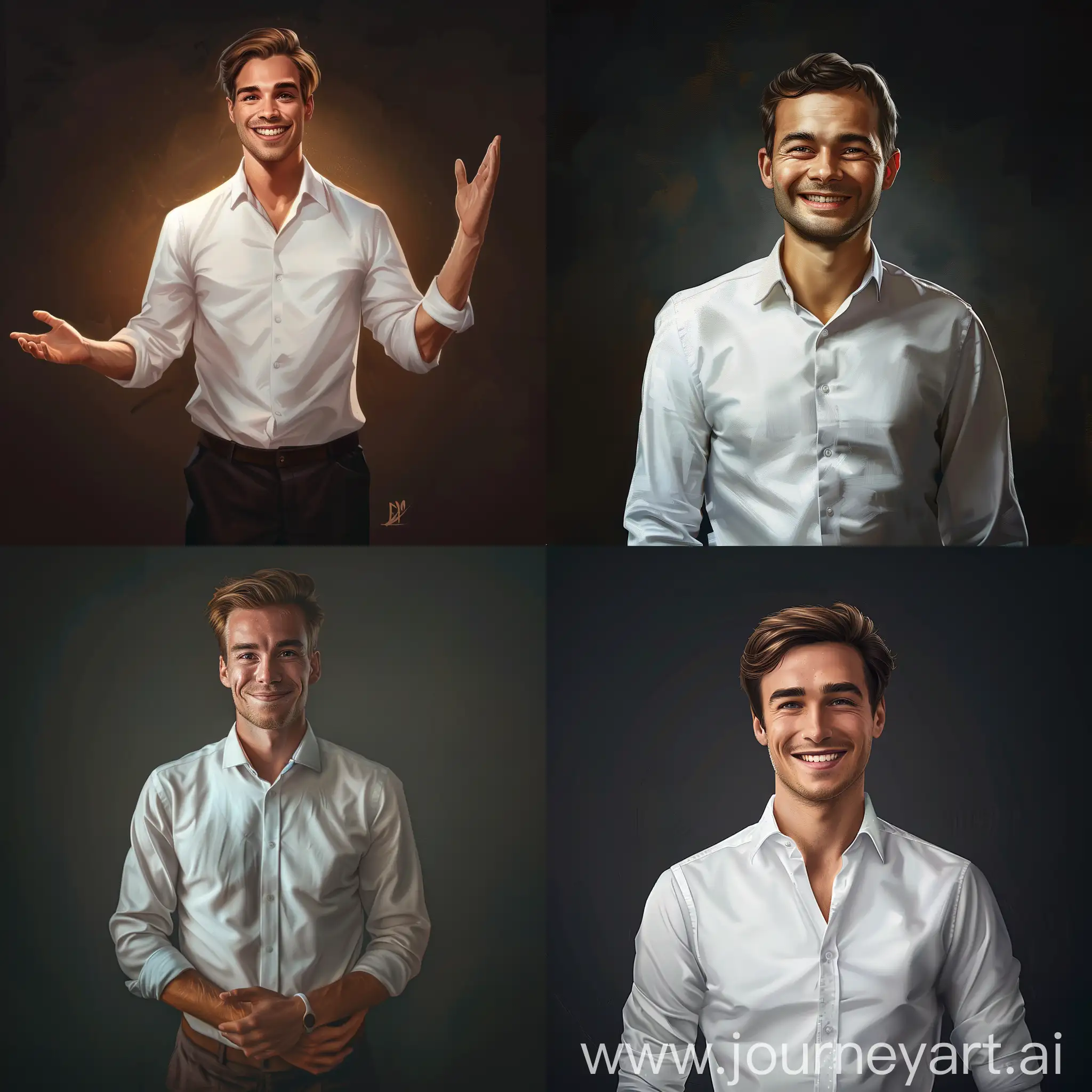 Smiling-Manager-in-White-Shirt-Inviting-Young-People-Photorealistic-Portrait-on-Dark-Background