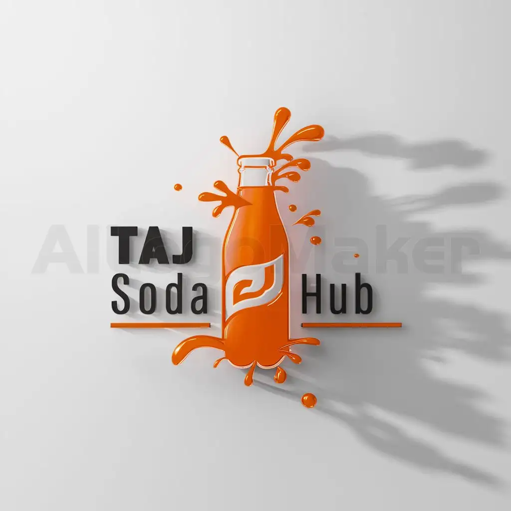 a logo design,with the text "Taj Soda Hub", main symbol:orrange soda with bubble and splash shine,Minimalistic,clear background