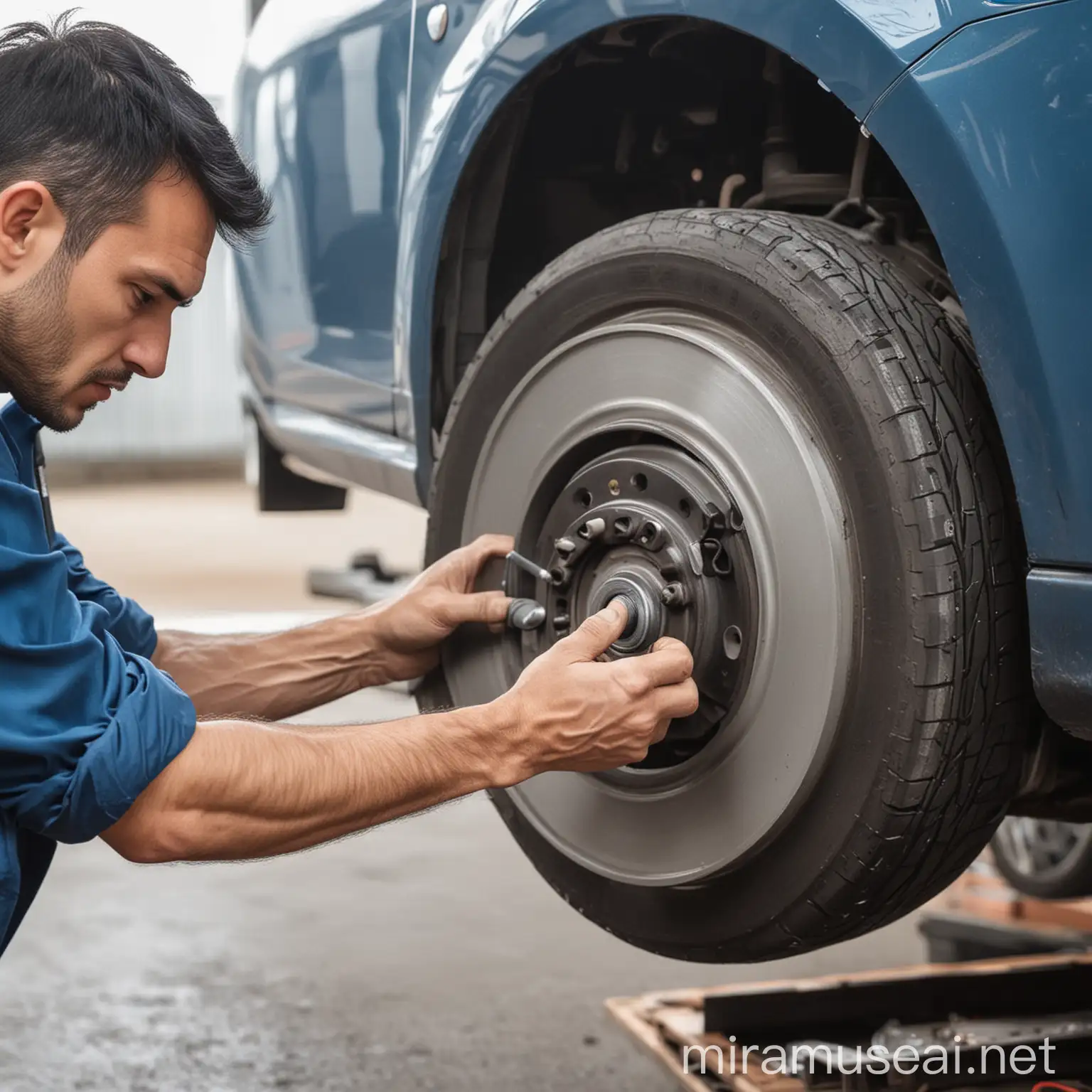 Thinking that the car repairman is holding tools to repair the car's brake disc