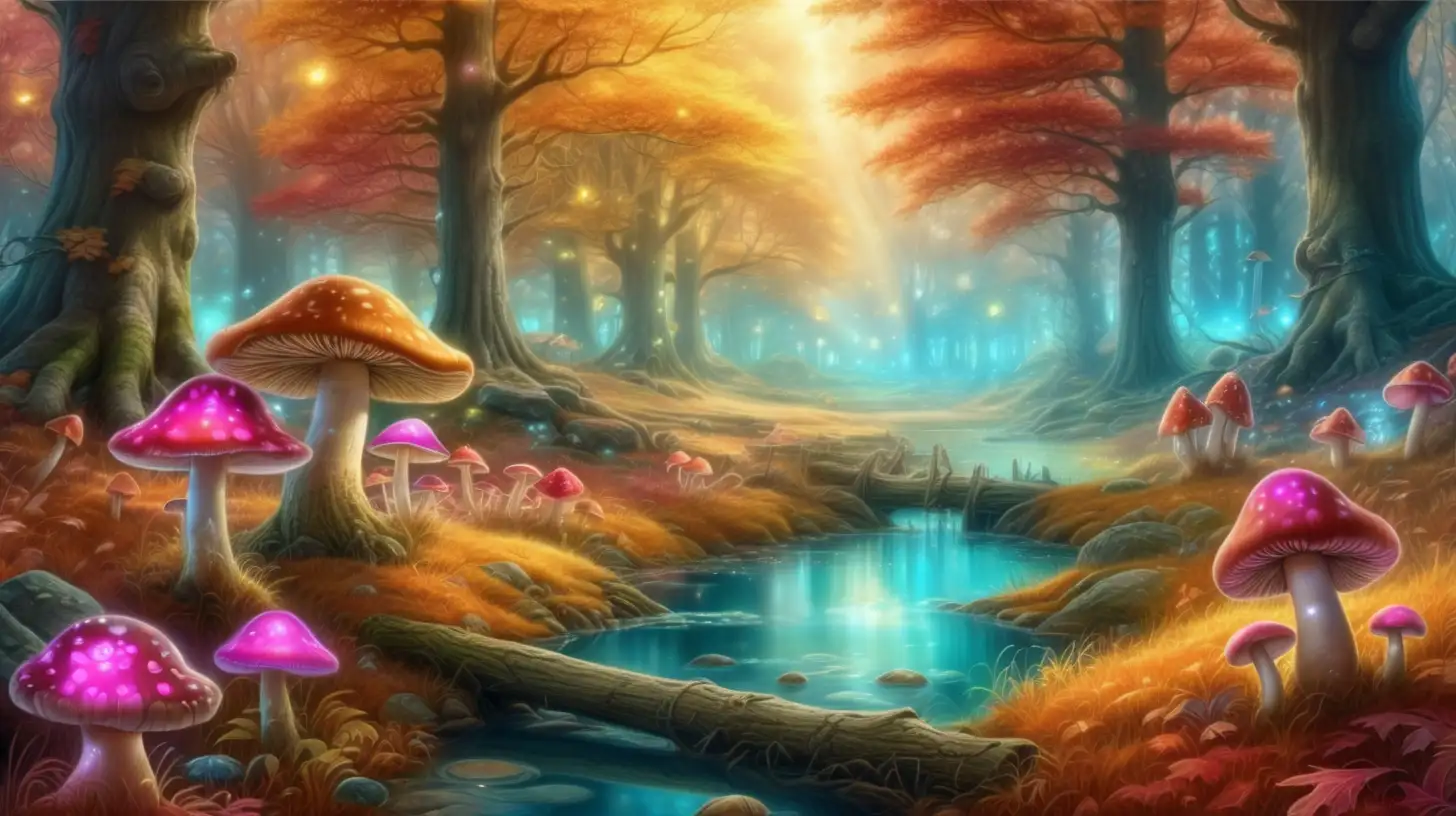 Autumn covered forest with green and Blue and red. Pink and Red luminescent mushrooms and golden luminescent mushrooms in the daytime autumn oak trees and magical mushrooms with a magical golden glowing forest with a pond in the meadow.