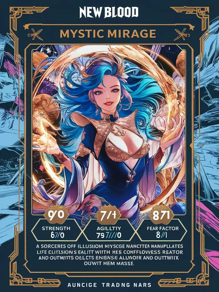  "Design a luxury collectible trading card named "Mystic Mirage: New Blood" with the following elements: - Bold card name: 'Mystic Mirage' - Stats: Strength 6/10, Speed 7/10, Agility 7/10, Fear Factor 8/10 - Description: A sorceress of illusion who manipulates reality with mystical powers. Her ability to create lifelike illusions allows her to outmaneuver and outwit enemies. - Card details: Manga-style artwork with 8k/16k visuals, UHD palette with vibrant colors, intricate details and H.R. Giger-inspired surrealism, hero-style fantasy scene with natural lighting, and imagery inspired by Tim Burton's twisted hero aesthetic. Rendered with Octane rendering. - Card specifications: Premium 14PT card stock with authenticated design, UHD atmosphere, intricate details throughout the design, space for a holographic foil or other premium finishes. The design should be breathtaking, with a bad-picture-chill-75v effect and a ral-dissolve finish."