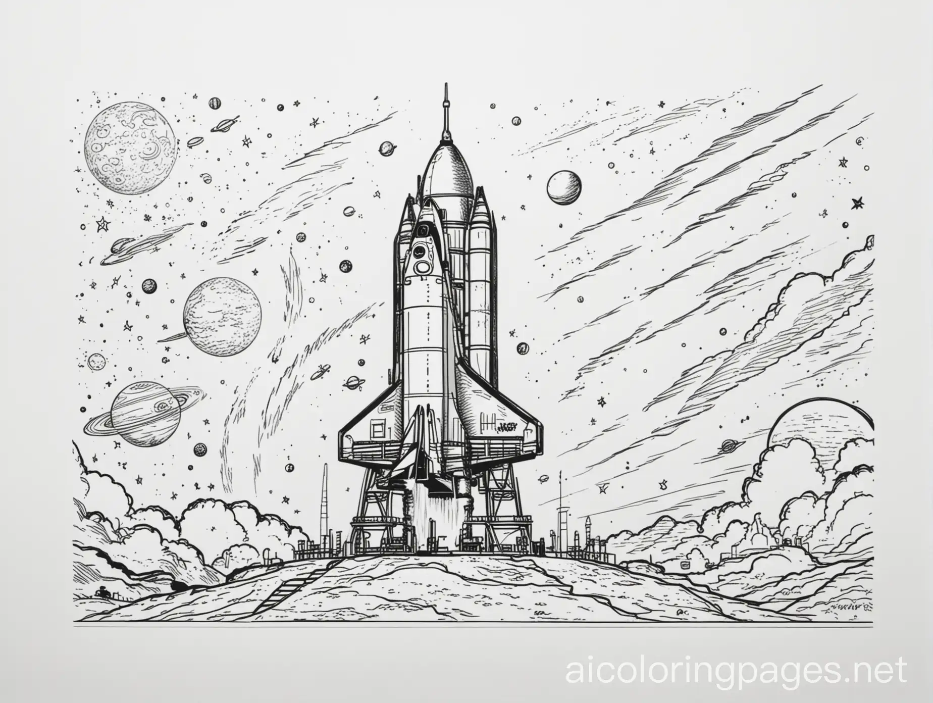 Prompt  A rocket launch pad ready for lift-off, coloring page, black and white, line art, white background, Simplicity, Ample White Space. The background of the coloring page is plain white to make it easier for children to color within the lines. The outlines of all the subjects are easy to distinguish, making it simple for kids to color without too much difficulty. There should be planets on the background to color. Background should be similar to white paper., Coloring Page, black and white, line art, white background, Simplicity, Ample White Space. The background of the coloring page is plain white to make it easy for young children to color within the lines. The outlines of all the subjects are easy to distinguish, making it simple for kids to color without too much difficulty