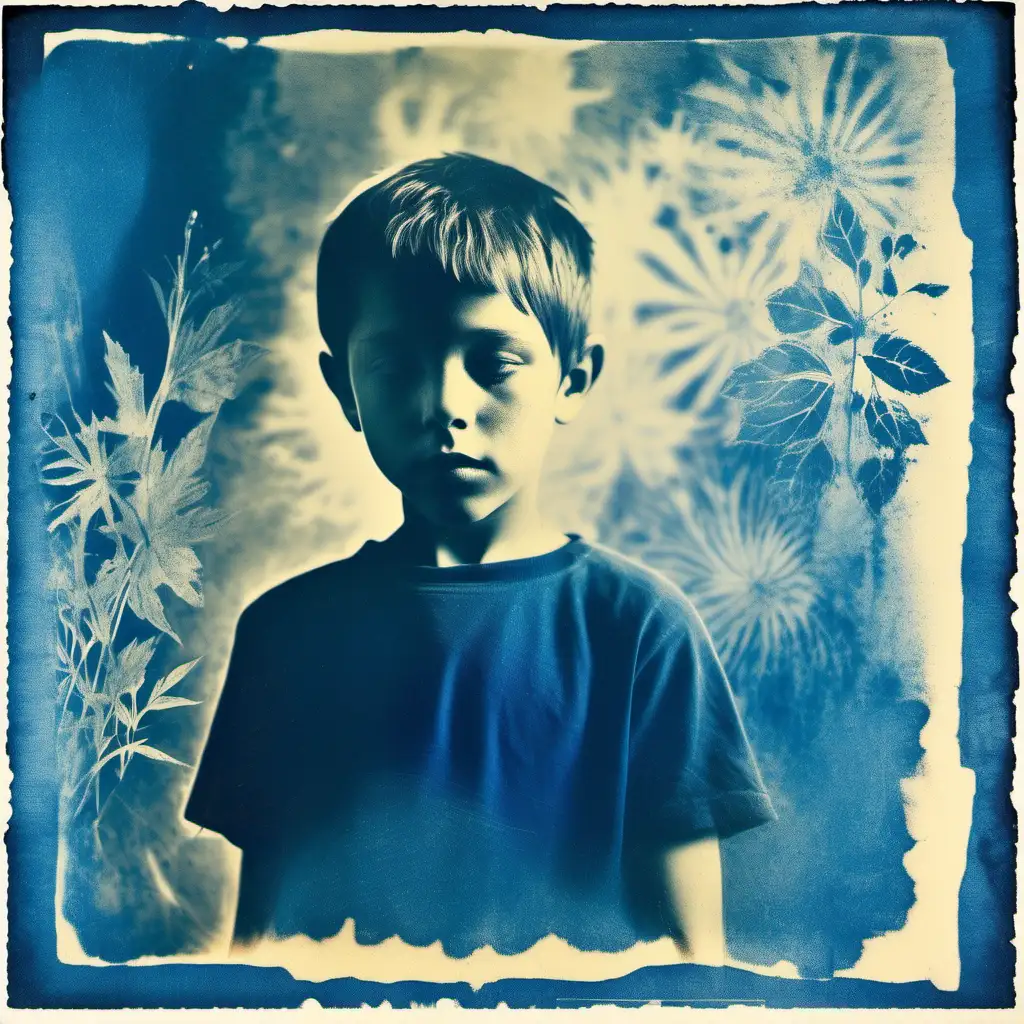 Shy Young Boy in Cyanotype Portrait Ethereal SunExposed Textures
