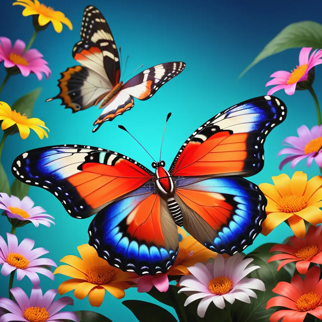 Image description: The brightly coloured background emphasises the beauty and femininity of the butterfly presented on it. The object in focus is the wings of the Madagascar butterfly, which echo the colour scheme of the flowers, creating a beautiful effect. These wings are so beautiful that they can be perceived as a floral bouquet.Style: The image is in bright and vibrant colours to appeal to the under-45 female audience. The background of the image seems as if it is alive, which immediately gives the effect of reality, the butterfly on the background of flowers creates a romantic image. The background and the butterfly are focused on the wings and emphasise the beauty of the flower petals. The image conveys the beauty of nature and the natural world, drawing attention to the uniqueness of creatures in our nature.  Image description: The brightly coloured 