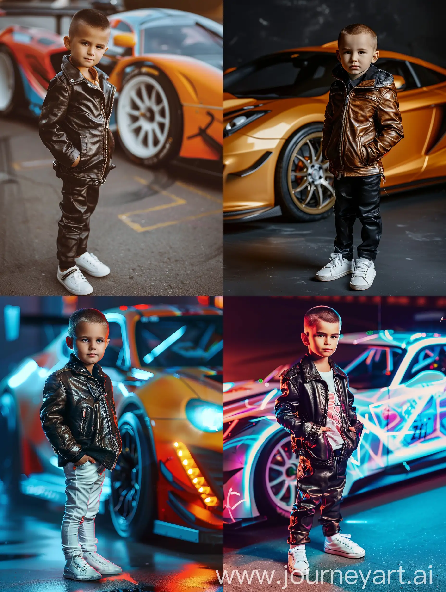A little boy with short hair, dressed in a leather jacket, seven years old, hands in pockets, wearing white sneakers, body standing directly in front of the camera, standing next to a coolly tuned bright racing car, street racing, realistic photography, hyperrealism, face clearly visible, looking at the camera