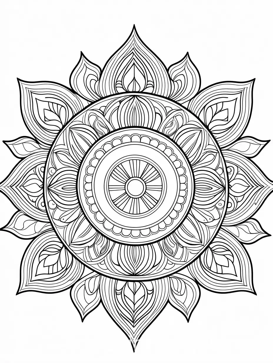 Please create a dainty mandala style drawing to color. make it easy to color, Coloring Page, black and white, line art, white background, Simplicity, Ample White Space. The background of the coloring page is plain white to make it easy for young children to color within the lines. The outlines of all the subjects are easy to distinguish, making it simple for kids to color without too much difficulty