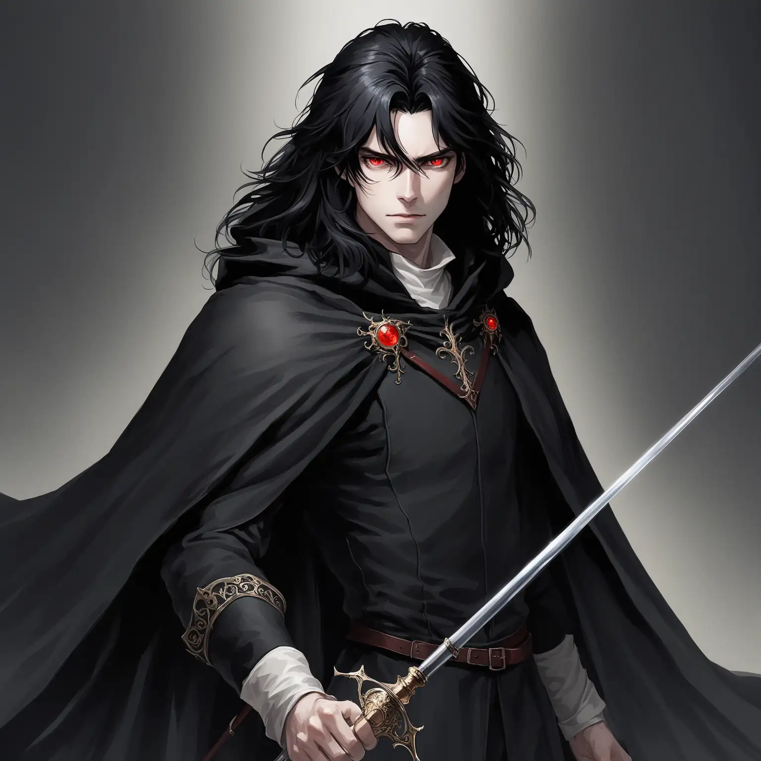 Sinister Swordsman in Black Cloak with Rapier and Red Eyes