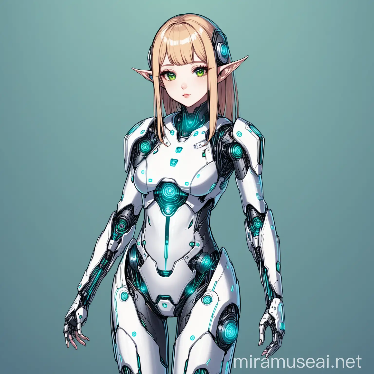 A digital drawing of an artificial intelligence futuristic elf with robotic body Japanese looking girl with bang her