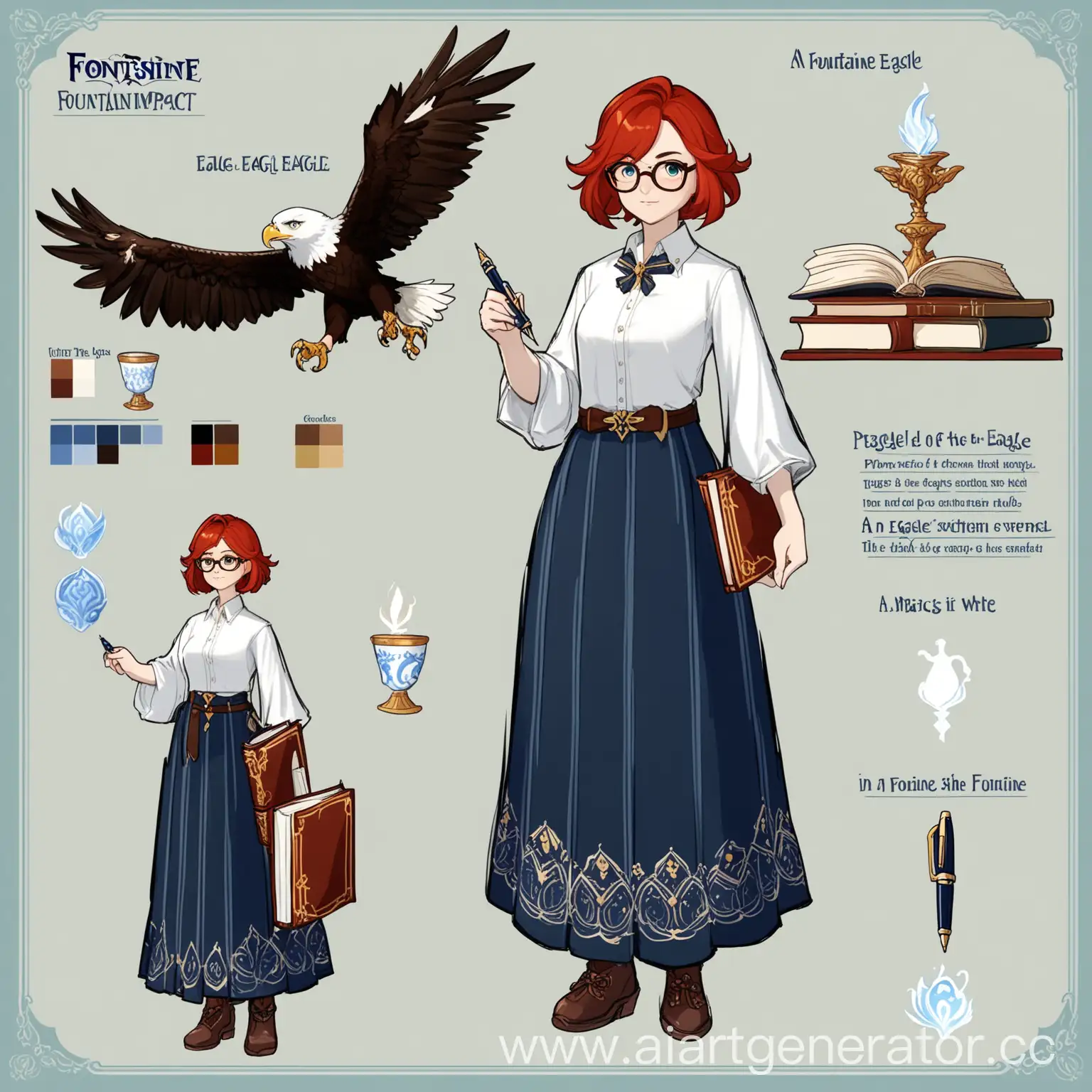 1girl, reference sheet, newest, short red hair, book in hand, fontaine, glasses, pen, porcelain cup, long skirt, white silk shirt, magic, genshin impact, an eagle on the shoulder