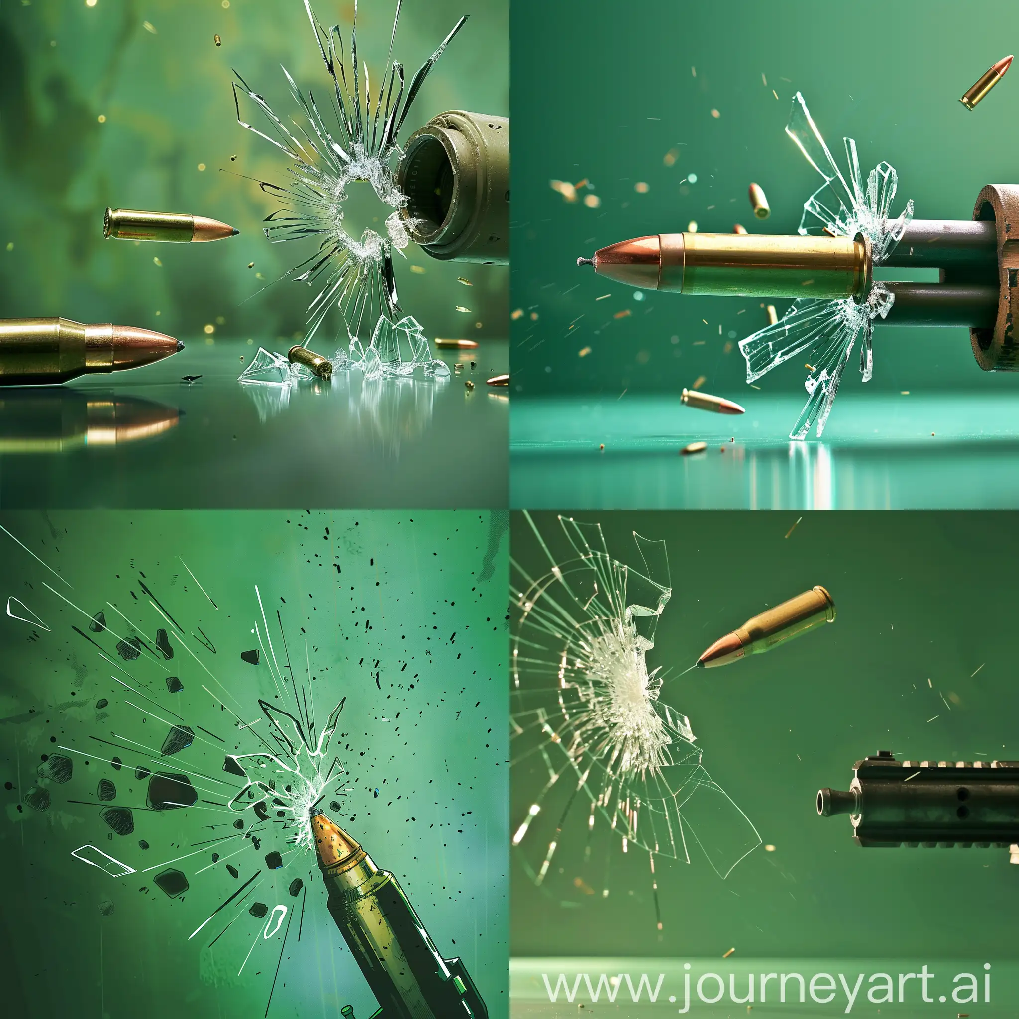 a bullet flies out of a machine gun and breaks glass on a green background