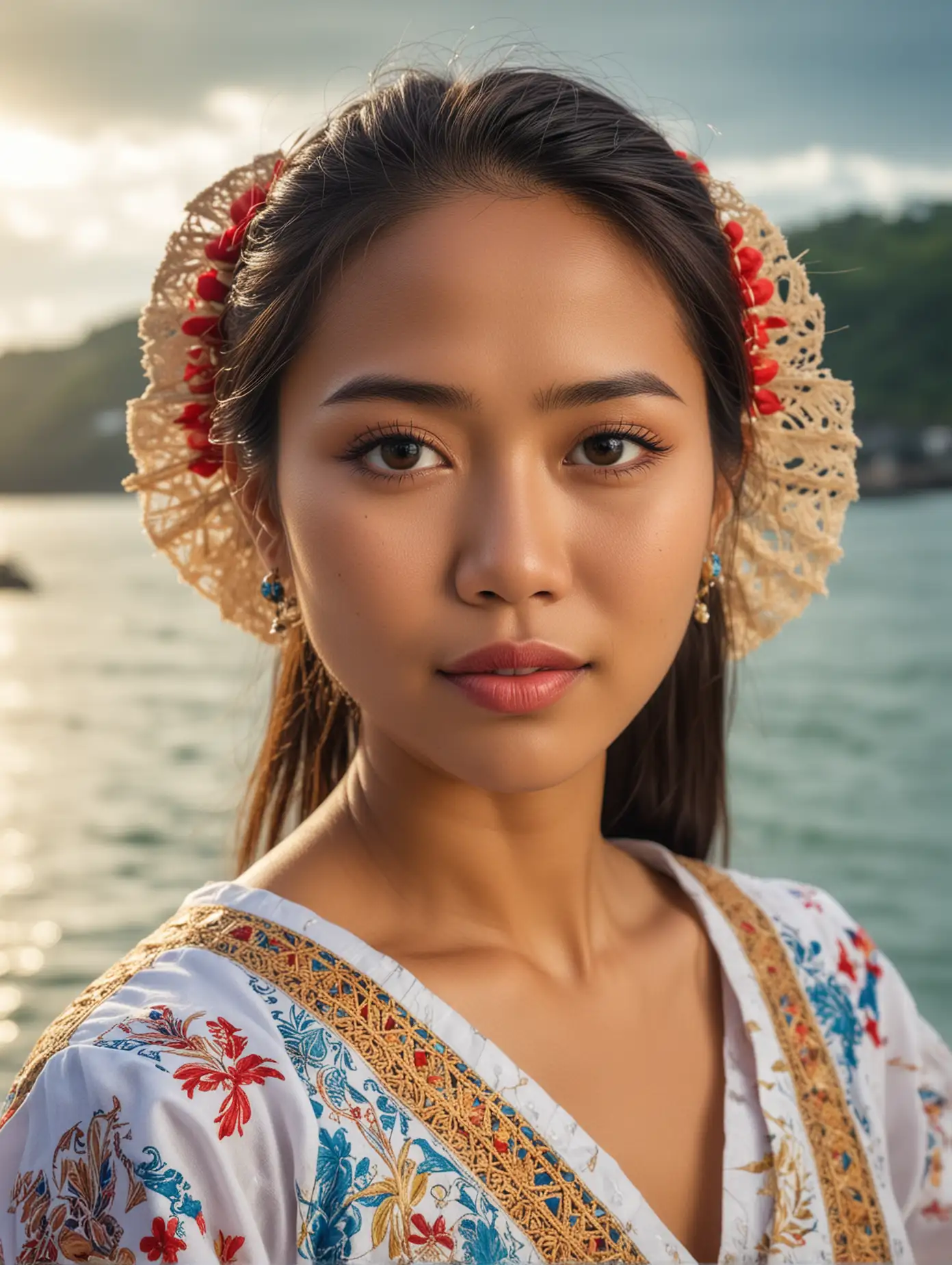 Exquisite Filipina Woman in Traditional Attire on Seaside Island