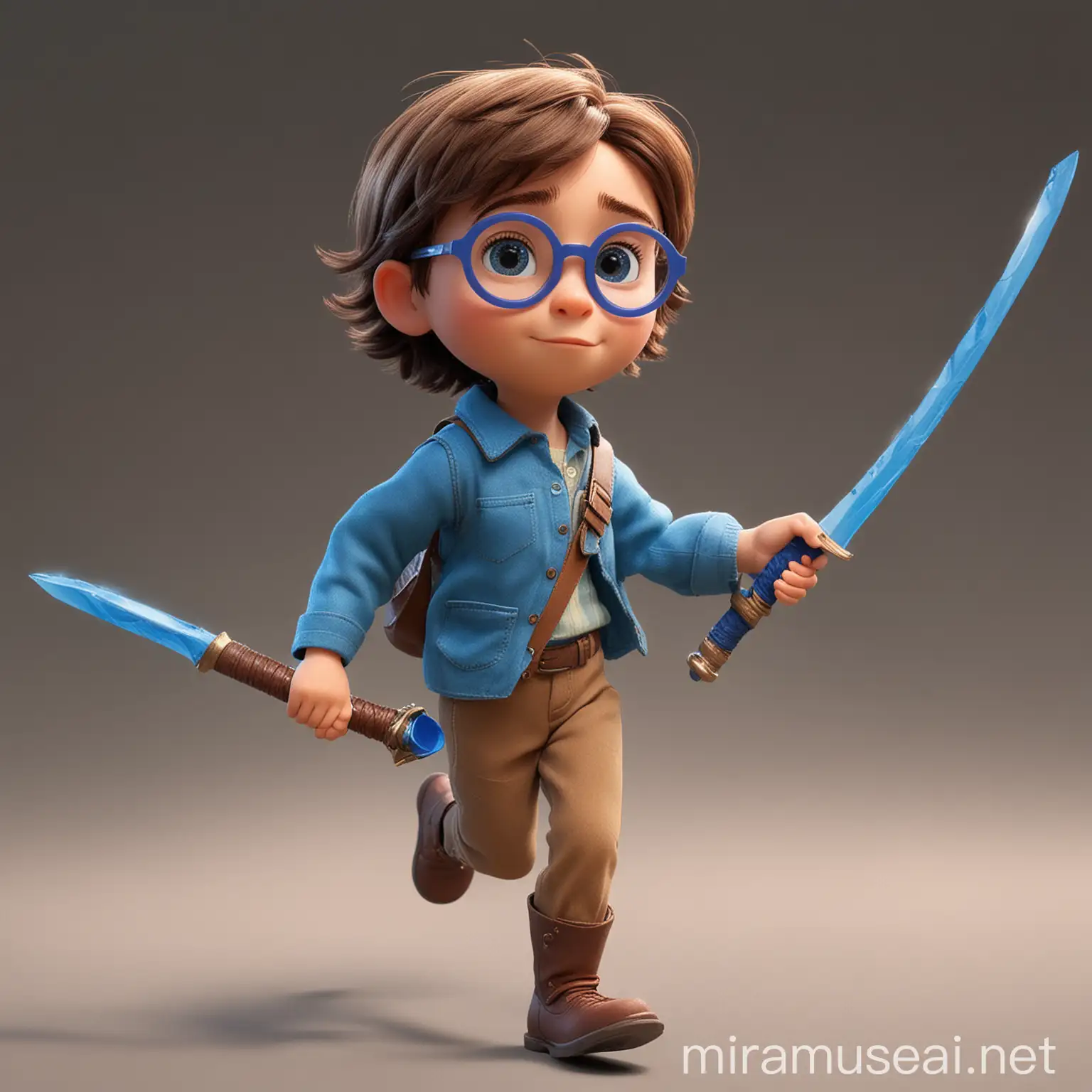 Crea un bambino di 6 anni, capelli castano e corti, con occhiali blu di forma rotonda, che corre con una spada di plastica in mano. Lo stile deve essere Pixar
