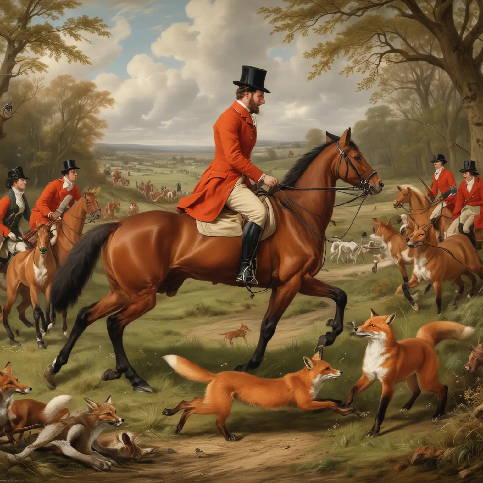 Vibrant Fox Hunting Scene with Elegant Horses and Majestic Landscape