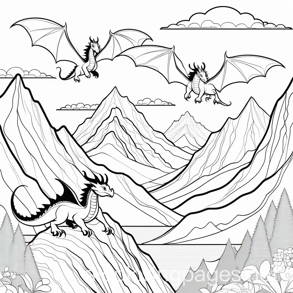 Majestic-Dragons-Soaring-Above-Mountain-Peaks-Coloring-Page-for-Children