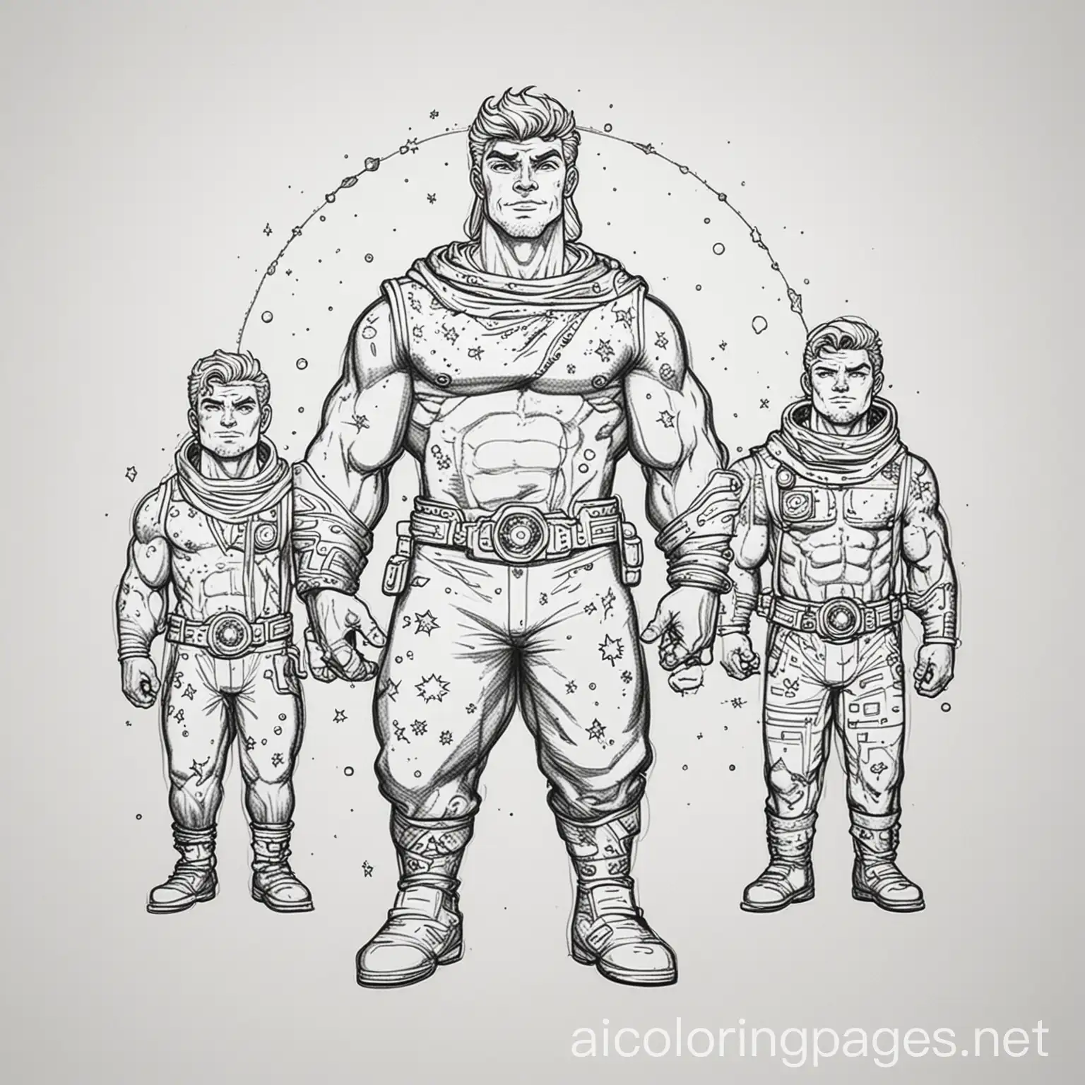 cosmic dude with two bigger dudes on the side, Coloring Page, black and white, line art, white background, Simplicity, Ample White Space. The background of the coloring page is plain white to make it easy for young children to color within the lines. The outlines of all the subjects are easy to distinguish, making it simple for kids to color without too much difficulty