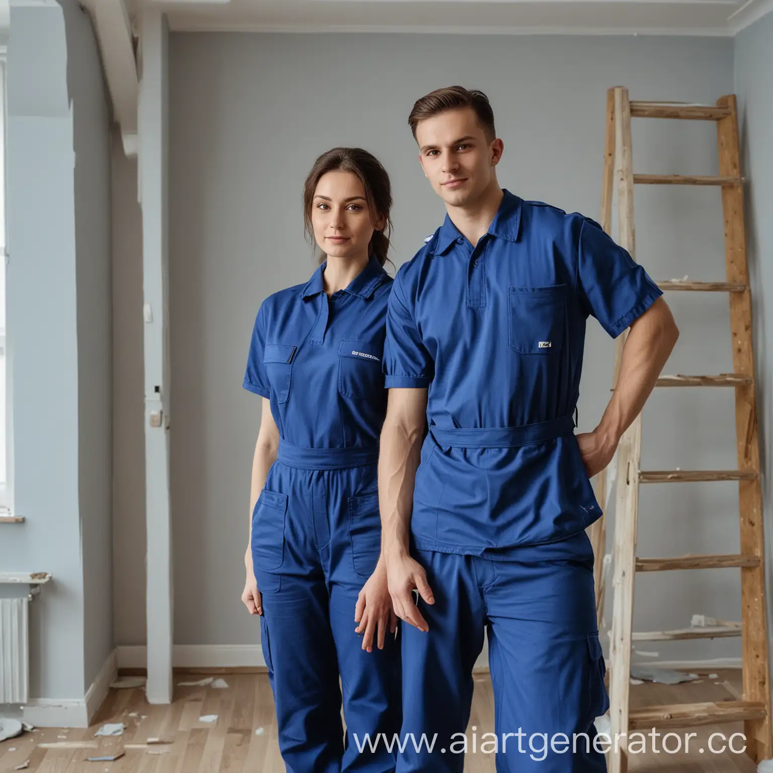 Slavic-Couple-Renovating-Apartment-in-Blue-Work-Uniforms