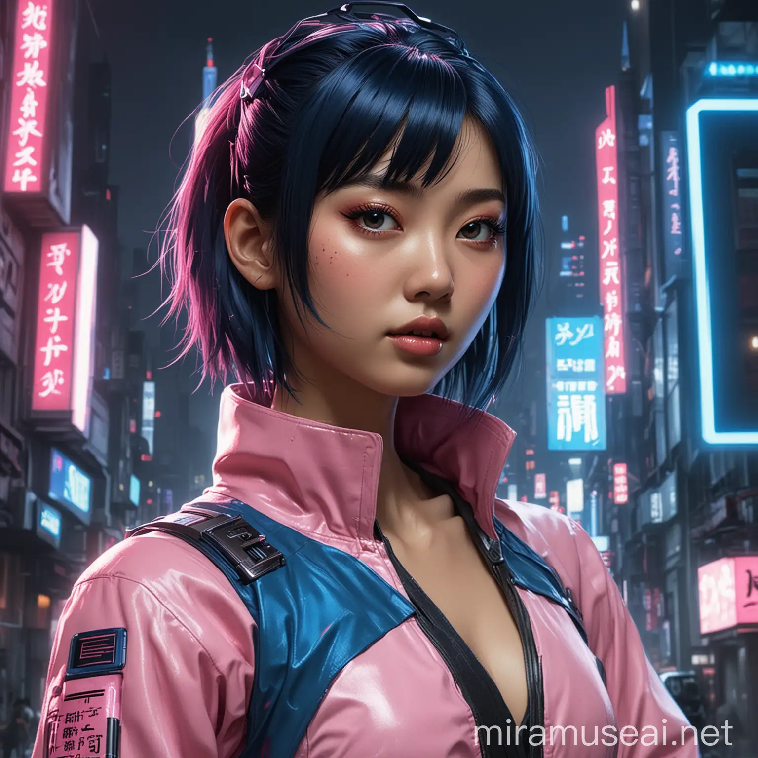 help me create an asian women pfp in the theme of futuristic neo tokyo using the colors blue and pink. 