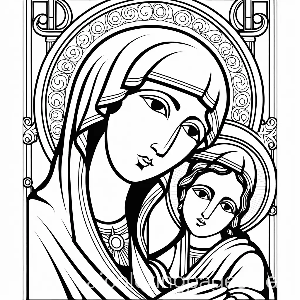 Create a black and white coloring page with no gray scale of the word THEOTOKOS , Coloring Page, black and white, line art, white background, Simplicity, Ample White Space. The background of the coloring page is plain white to make it easy for young children to color within the lines. The outlines of all the subjects are easy to distinguish, making it simple for kids to color without too much difficulty